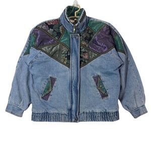 Vintage Current Seen Jacket Women Blue Patchwork Mock Neck‎ Long Sleeve Size 14